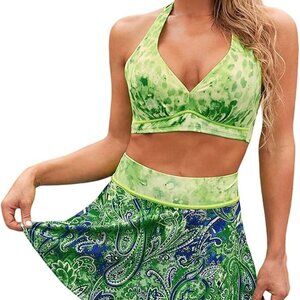 Paisley Print Halter High Waist Bikini Swim Skirt Set - Large